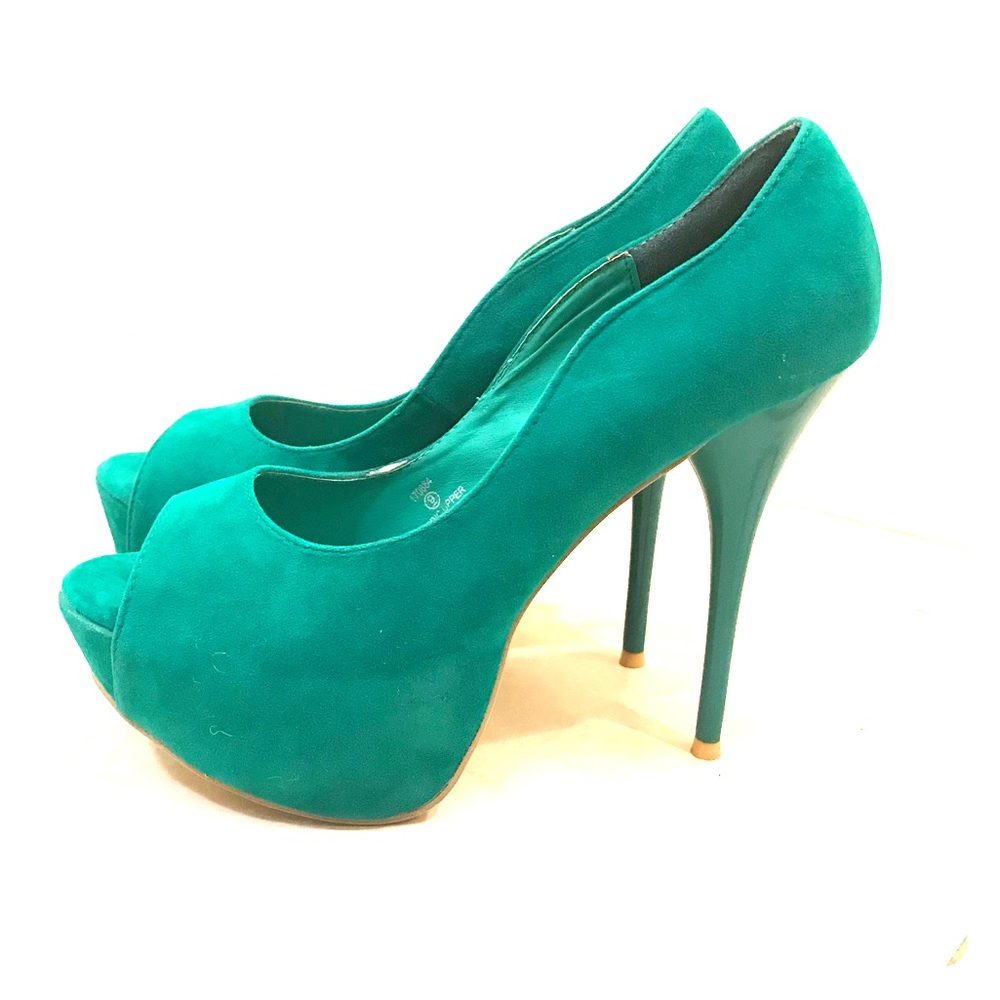 Emerald Green Open Toe Platform Pumps